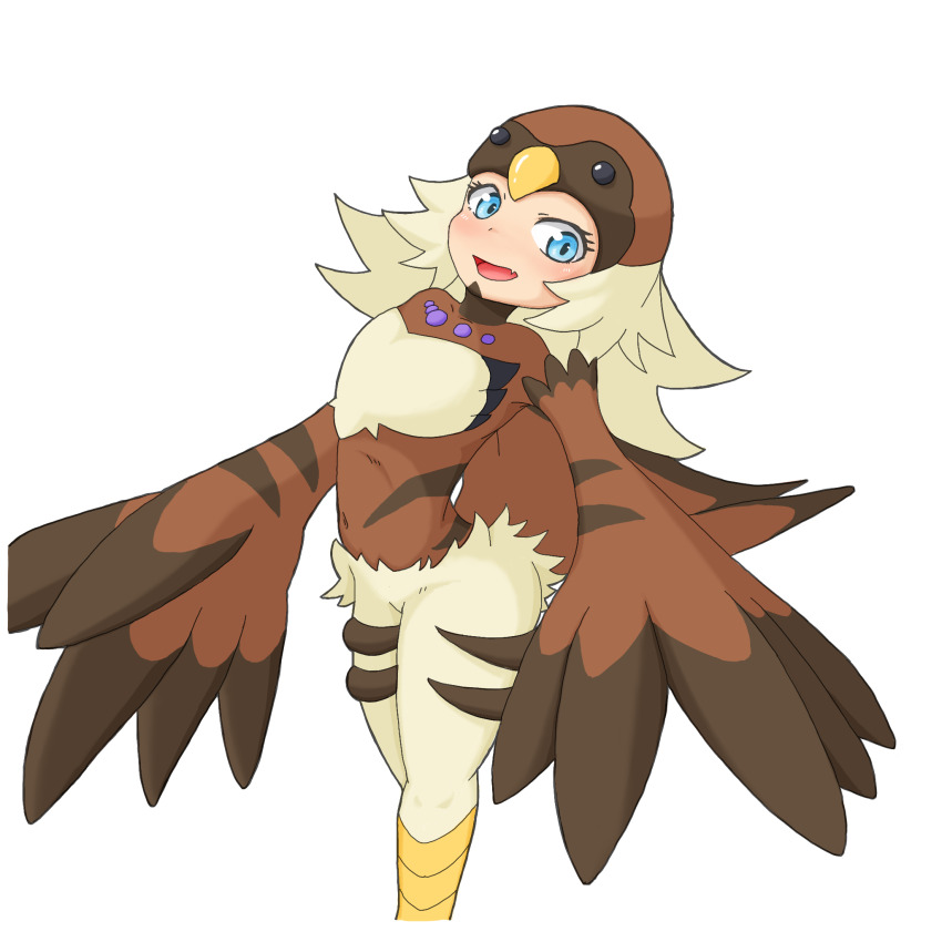 1girl, bird_hat, bird_legs, blonde_hair, blue_eyes, brown_wings, commentary_request, covered_navel