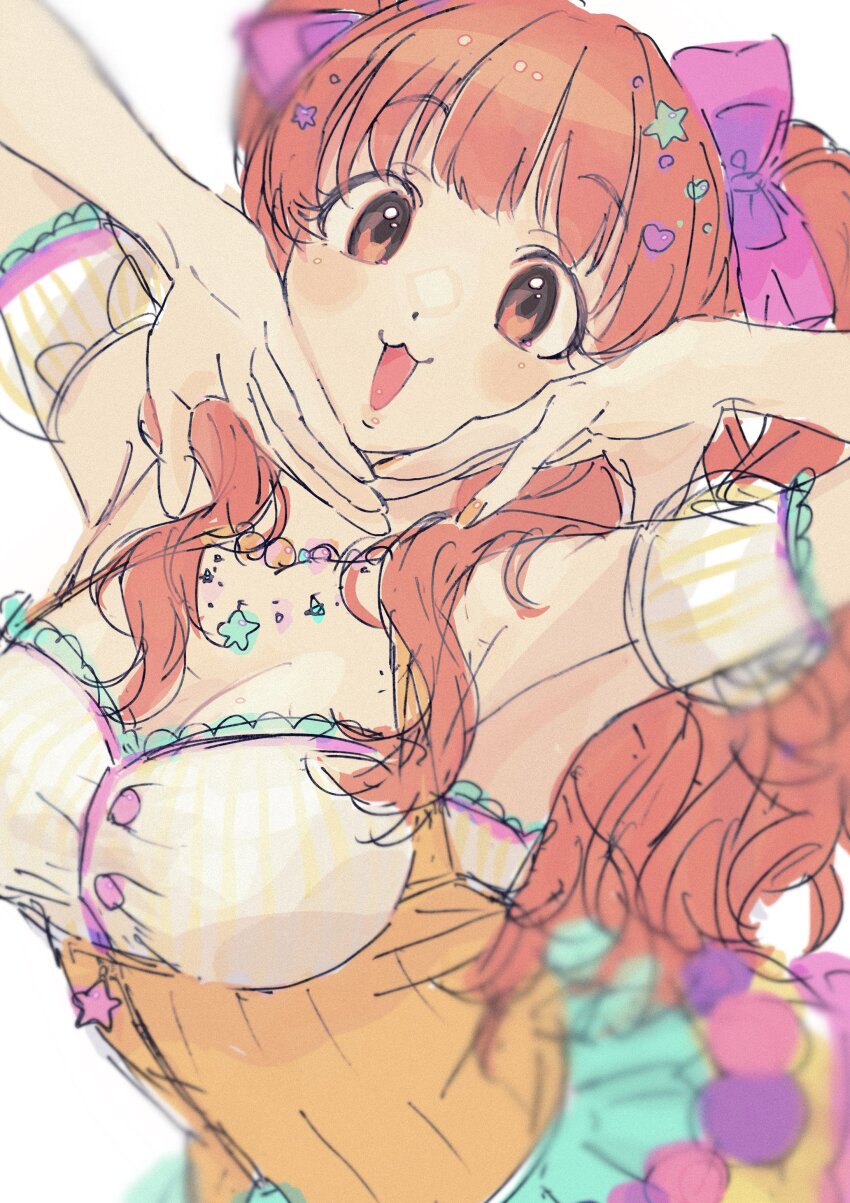 1girl, :3, absurdres, armpits, bead_necklace, beads, blurry, blush