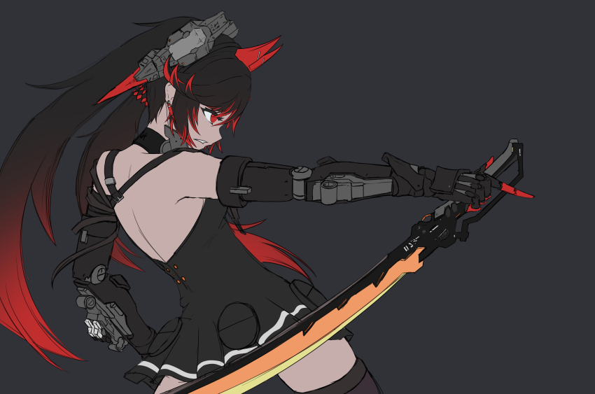 1girl, absurdres, backless_dress, backless_outfit, black_background, black_choker, black_dress, black_hair, choker, cjcg8877, dress, from_side, gradient_hair, headgear, highres, holding, holding_sword, holding_weapon, joints, long_hair, lucia:_dawn_(pgr), lucia_(pgr), mechanical_arms, multicolored_hair, parted_bangs, parted_lips, pointing, punishing:_gray_raven, red_eyes, red_hair, robot_joints, sidelocks, sleeveless, sleeveless_dress, solo, streaked_hair, sword, weapon