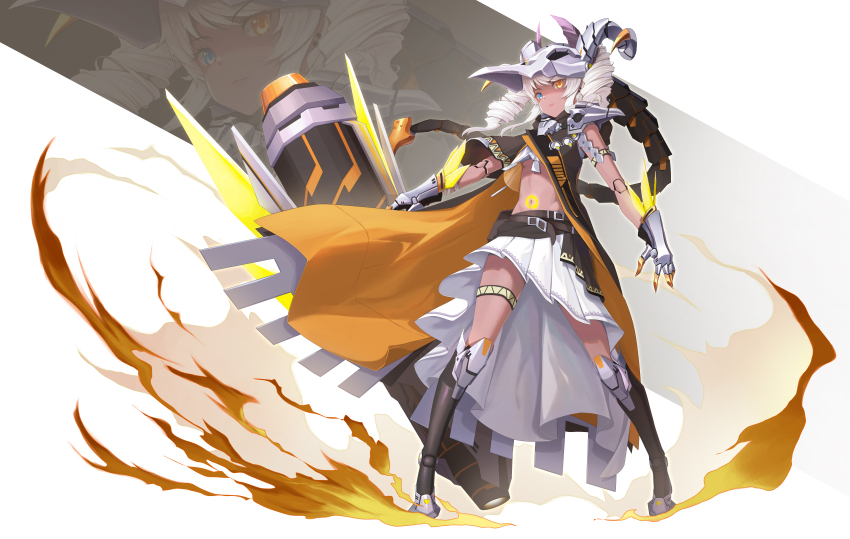 1girl, absurdres, alternate_costume, animal_helmet, black_jacket, blue_eyes, drill_hair, fake_horns