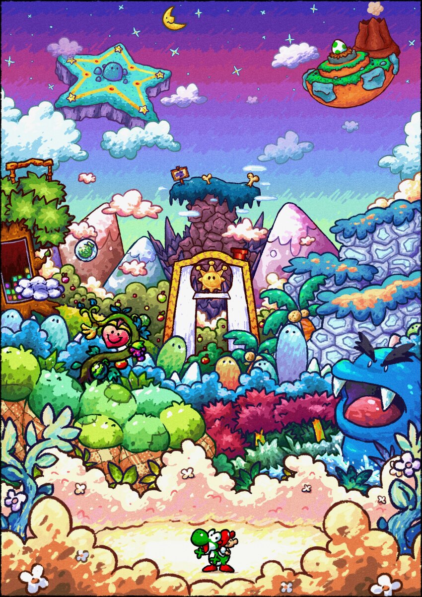 1boy, :d, absurdres, apple, arm_up, baby, baby_mario, bone