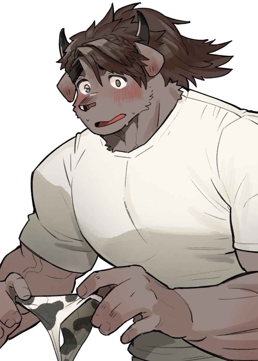 1boy, absurdres, animal_ears, animal_print, bara, blush, catoblepas_(housamo), commentary_request
