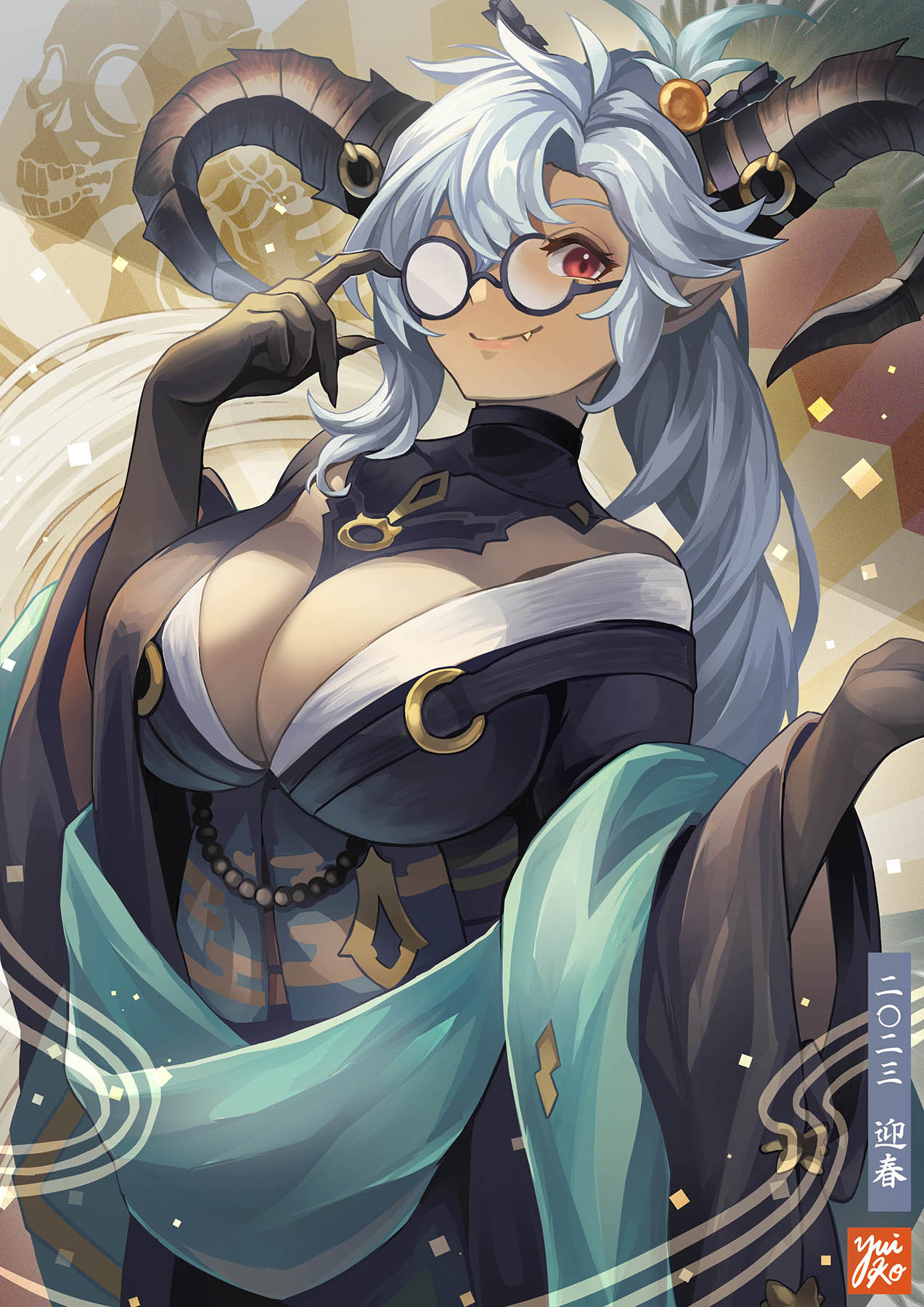 1girl, adjusting_eyewear, black_gloves, black_horns, black_kimono, breasts, cleavage, curled_horns