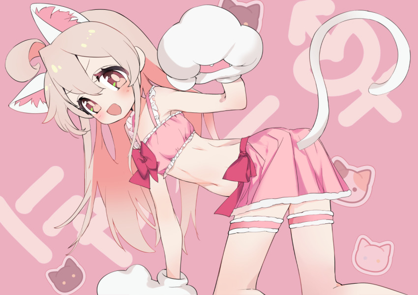 ahoge, animal_ears, animal_hands, blush, bra, cat_ears, cat_paws, cat_tail
