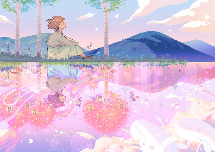 1girl, a_world_underneath, absurdres, bird, black_outline, blue_sky, blurry, bokeh, bowl, brown_cardigan, brown_shoes, cardigan, closed_eyes, closed_mouth, cloud, cloudy_sky, comet, commentary_request, crescent_moon, cumulonimbus_cloud, day, depth_of_field, different_reflection, dress, fairy, fairy_wings, fantasy, floating_hair, flower, flying_whale, forest, from_side, glitter, gradient_sky, grass, green_dress, happy, highres, holding, holding_bowl, hugging_own_legs, imagining, lake, landscape, lantern, light_blush, light_brown_hair, light_particles, long_dress, magic, moon, mountain, mountainous_horizon, mushroom, mushroom_house, nature, night, orange_sky, original, outdoors, outline, pink_clouds, pink_sky, profile, purple_flower, purple_sky, reflection, reflective_liquid, scenery, shoes, shooting_star, shore, short_hair, sky, smile, sneakers, solo, sparkle, split_screen, split_theme, star_(sky), starry_sky, string_of_light_bulbs, tree, whale, white_bird, wide_shot, wind, wind_lift, wings, yellow_clouds, yellow_flower, yooki_(winter_cakes)