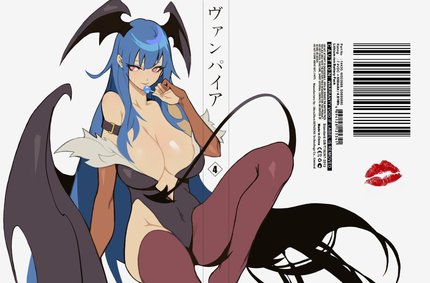 1girl, absurdres, arm_belt, bat_wings, blue_hair, blush, breasts, bridal_gauntlets, candy, cleavage, covered_navel, demon_girl, demon_tail, food, fur-trimmed_leotard, fur_trim, groin, guiguz, head_wings, highleg, highleg_leotard, highres, holding, holding_candy, holding_food, holding_lollipop, large_breasts, leotard, lollipop, long_hair, looking_to_the_side, low_wings, morrigan_aensland, simple_background, sitting, tail, thighhighs, darkstalkers, white_background, wings
