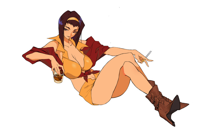 1girl, absurdres, alcohol, black_hair, boots, breasts, brown_footwear, cigarette, cleavage, clothing_cutout, collared_shirt, covered_erect_nipples, cowboy_bebop, crossed_legs, cup, drinking_glass, faye_valentine, front-tie_top, guiguz, hairband, headband, high_heel_boots, high_heels, highres, large_breasts, lipstick, makeup, off_shoulder, shirt, short_hair, shorts, simple_background, smoking, white_background, yellow_hairband, yellow_headband, yellow_shorts