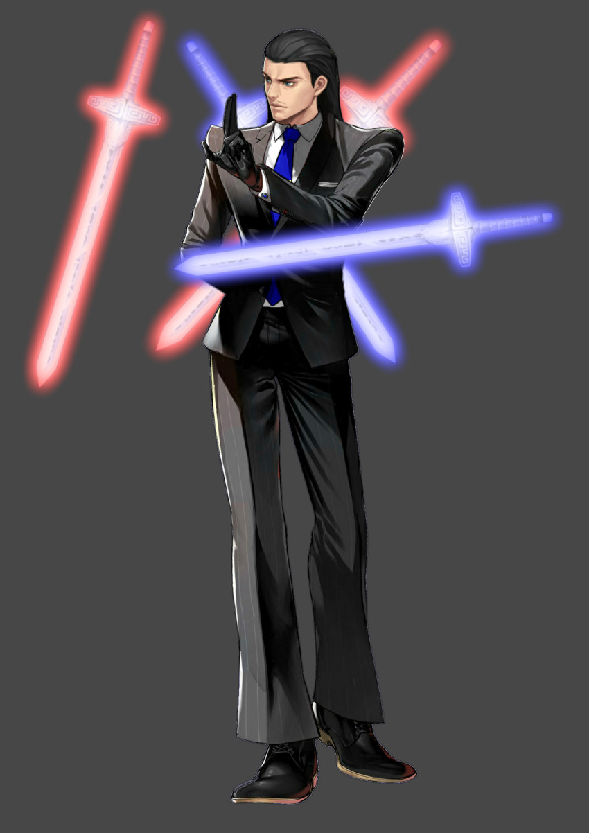 1boy, black_footwear, black_gloves, black_hair, black_jacket, black_pants, blue_eyes, blue_necktie