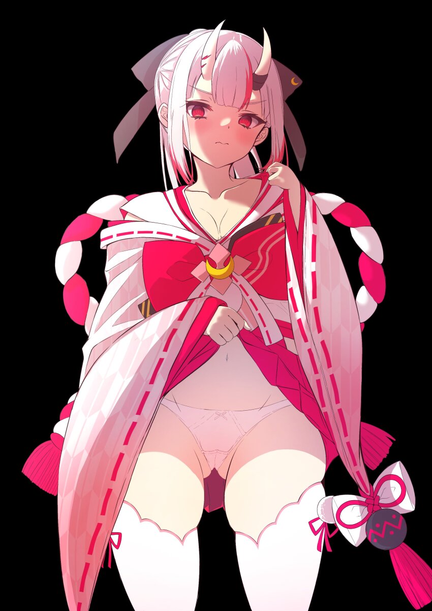 1girl, absurdres, angry, black_background, breasts, clothes_lift, highres, hololive, horns, japanese_clothes, kneehighs, large_breasts, lifting_own_clothes, long_hair, looking_at_viewer, multicolored_hair, nakiri_ayame, nakiri_ayame_(shrine_maiden), navel, official_alternate_costume, oni, panties, red_eyes, ribbon, simple_background, skin-covered_horns, skirt, skirt_lift, socks, streaked_hair, terra_bose, thighs, underwear, virtual_youtuber, white_hair, white_panties