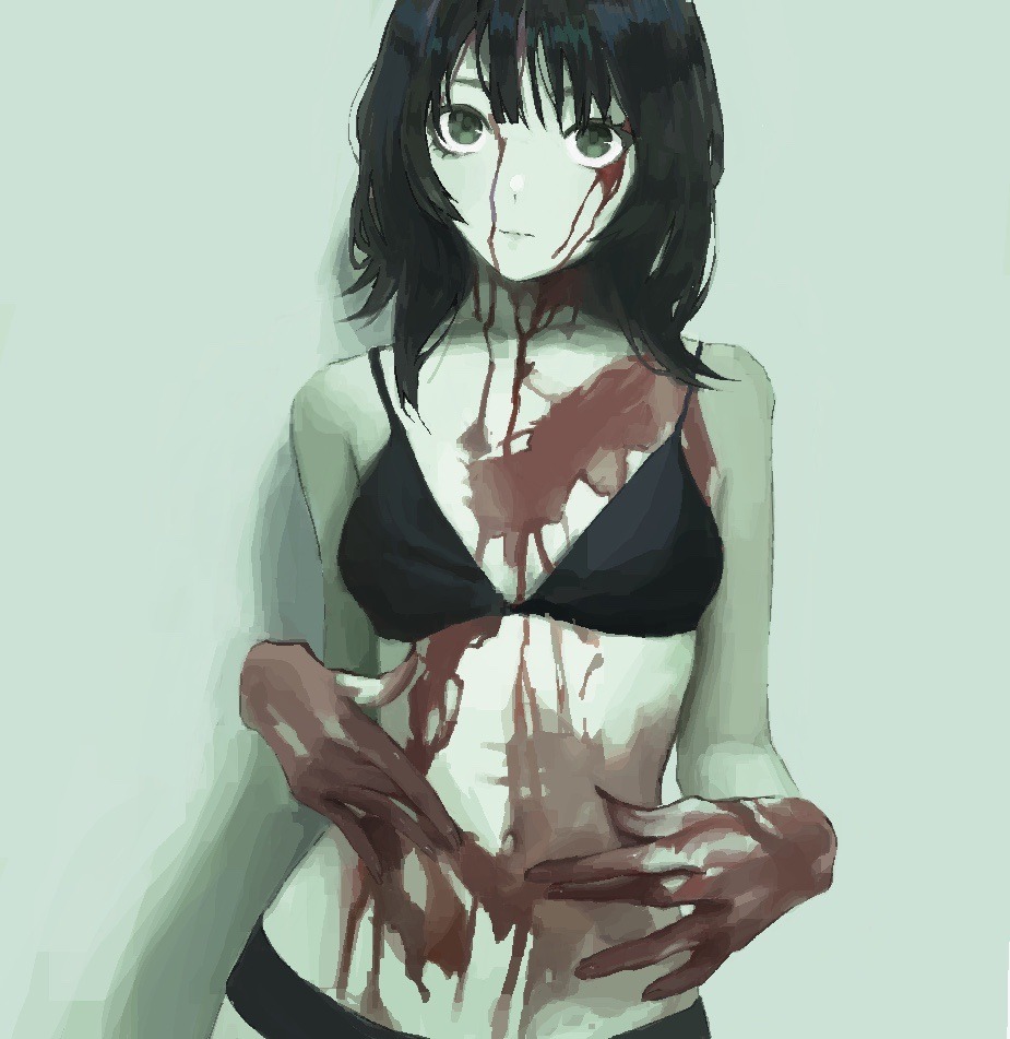 1girl, black_bra, black_hair, black_panties, blood, blood_on_body, blood_on_face, blood_on_hands