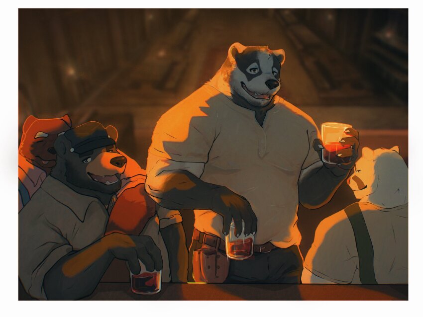 4boys, alcohol, animal_ears, arm_on_another's_shoulder, badger_boy, badger_ears, bara, bear_boy
