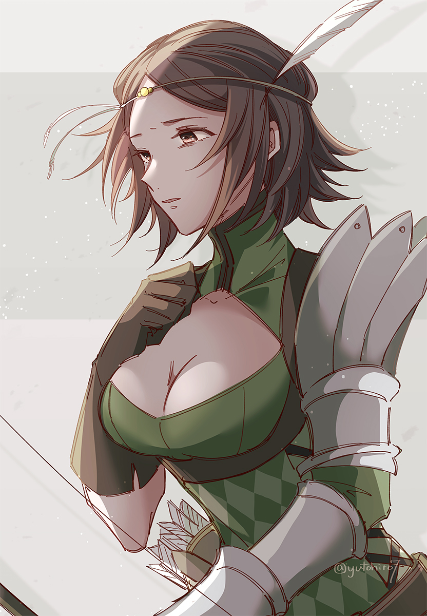 1girl, armor, artist_name, black_hair, bow_(weapon), breasts, brown_eyes, cleavage, fire_emblem, fire_emblem_awakening, gauntlets, gloves, hand_on_own_chest, headband, highres, holding, holding_bow_(weapon), holding_weapon, medium_breasts, nintendo, noire_(fire_emblem), parted_lips, pauldrons, short_hair, shoulder_armor, single_gauntlet, single_glove, solo, turtleneck, upper_body, weapon, yutohiroya