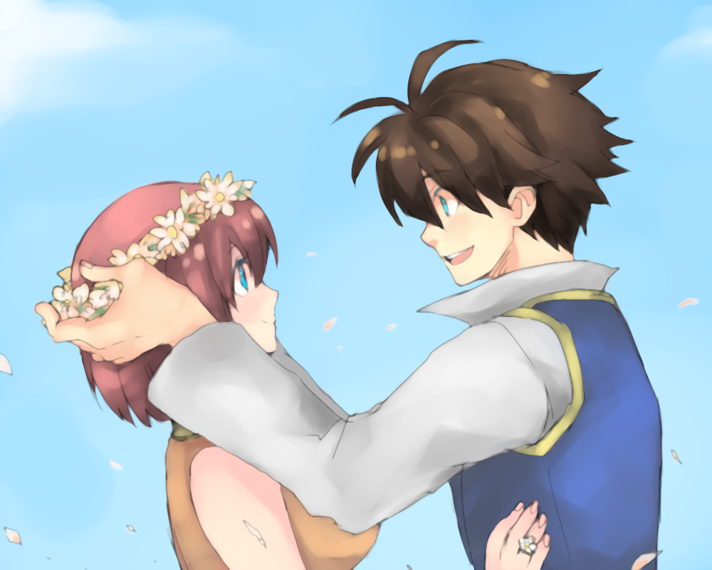 1990s_(style), 1boy, 1girl, blue_eyes, brown_hair, bartz_klauser, couple, final_fantasy