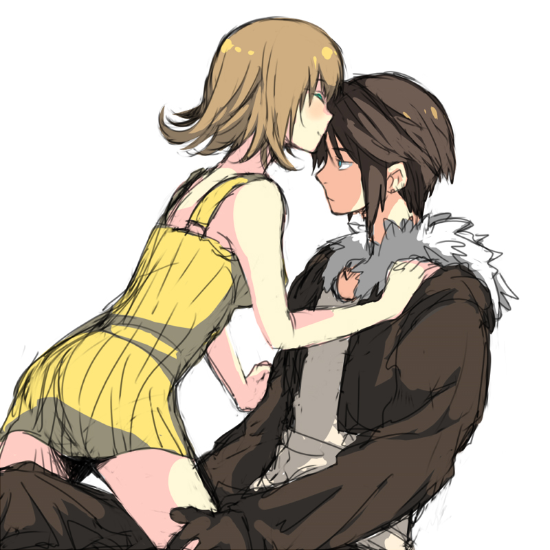 1990s_(style), 1boy, 1girl, black_gloves, black_jacket, blue_eyes, brown_hair, dress, closed_eyes, final_fantasy, final_fantasy_viii, flipped_hair, fur_collar, girl_on_top, gloves, jacket, m_(pixiv307367), pants, peach_rock, selphie_tilmitt, shirt, short_hair, sitting, skirt, squall_leonhart, white_background, white_shirt, yellow_dress, yellow_skirt