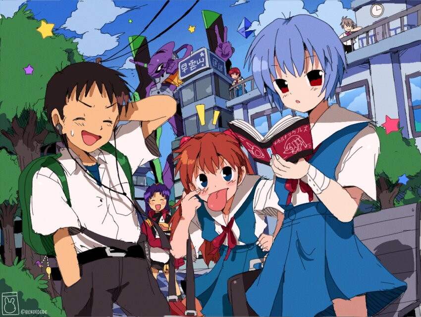 2boys, 4girls, akanbe, angel_(evangelion), arm_behind_head, ayanami_rei, bendedede, bird