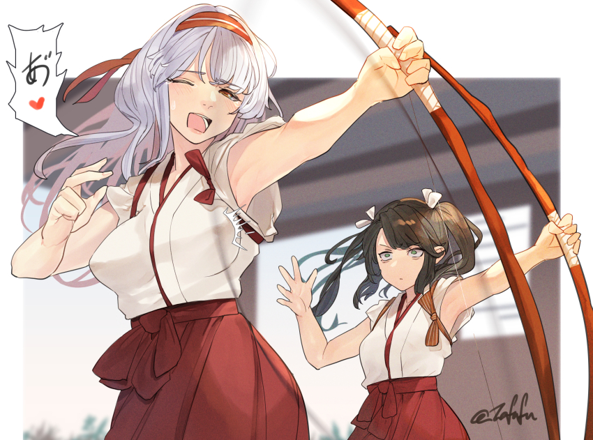 2girls, bow_(weapon), breast_envy, breasts, covered_erect_nipples, fuwafuwatoufu, green_eyes, green_hair, grey_hair, hair_ribbon, hakama, hakama_skirt, headband, heart, highres, holding, holding_bow_(weapon), holding_weapon, japanese_clothes, kantai_collection, long_hair, medium_breasts, multiple_girls, one-hour_drawing_challenge, one_eye_closed, open_mouth, red_eyes, red_hakama, red_headband, ribbon, shoukaku_(kancolle), shoukaku_kai_ni_(kancolle), skirt, speech_bubble, spoken_heart, tasuki, twintails, weapon, white_ribbon, yumi_(bow), zuikaku_(kancolle), zuikaku_kai_ni_(kancolle)