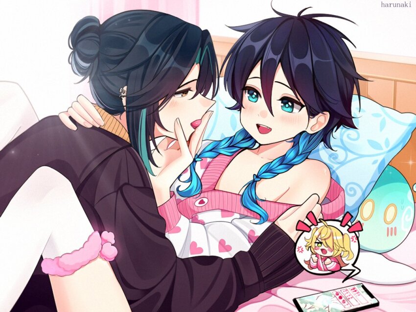 2boys, alternate_hairstyle, aqua_eyes, aqua_hair, bed, black_hair, blonde_hair, braid, brown_sweater, cellphone, fischl_(genshin_impact), genshin_impact, green_hair, hair_bun, hair_over_one_eye, harunaki, male_focus, multicolored_hair, multiple_boys, off_shoulder, open_mouth, phone, pillow, ponytail, slime_(genshin_impact), smartphone, sweater, tongue, trap, twin_braids, two-tone_hair, venti_(genshin_impact), xiao_(genshin_impact), yaoi, yellow_eyes