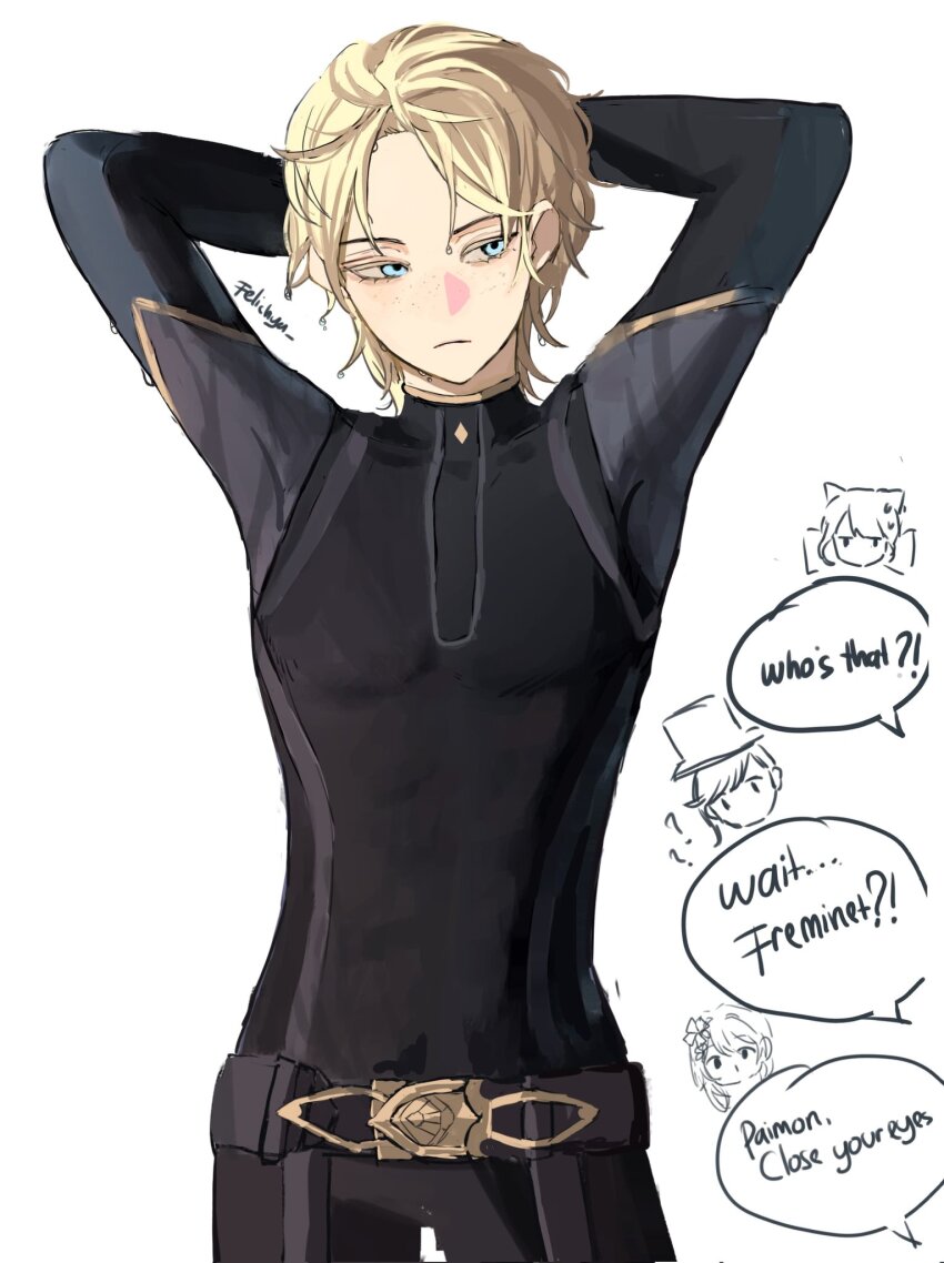 1boy, belt, black_belt, black_bodysuit, blonde_hair, blue_eyes, bodysuit, english_text, freckles, freminet_(genshin_impact), genshin_impact, grey_background, hair_pulled_back, highres, long_sleeves, lumine_(genshin_impact), luminfch, lynette_(genshin_impact), lyney_(genshin_impact), male_focus, paimon_(genshin_impact), short_hair, speech_bubble, twitter_username