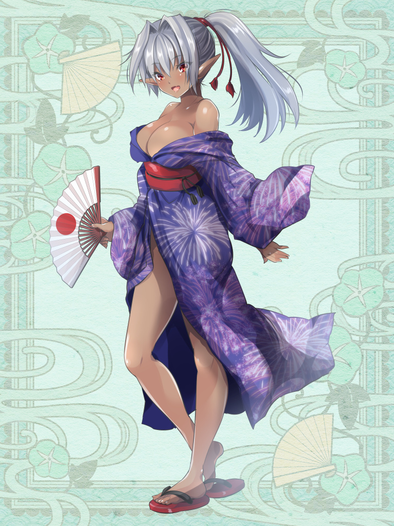 1girl, :d, bare_shoulders, blue_kimono, breasts, cleavage, dark-skinned_female, dark_skin, fireworks_print, folding_fan, full_body, green_background, grey_hair, hair_intakes, hand_fan, holding, holding_fan, japanese_clothes, kerberos_blade, kimono, kurutia_dorent, large_breasts, looking_at_viewer, maki_(seventh_heaven_maxion), open_mouth, pointy_ears, ponytail, red_eyes, sandals, smile, standing, wide_sleeves, zouri