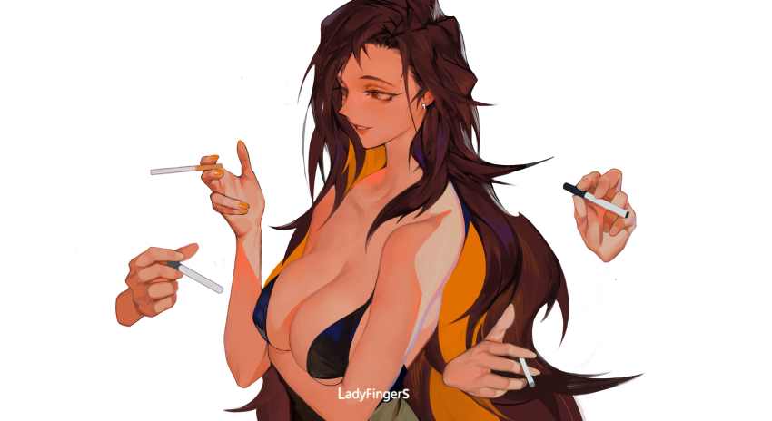 1girl, absurdres, arm_under_breasts, blonde_hair, blush, breasts, brown_hair, cigarette