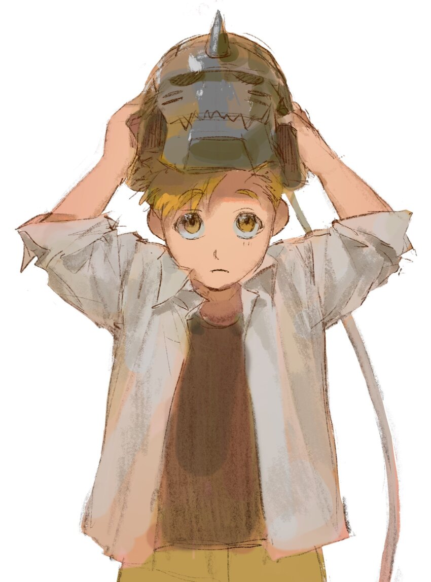 1boy, alphonse_elric, arms_up, black_tank_top, blonde_hair, child, closed_mouth, collarbone