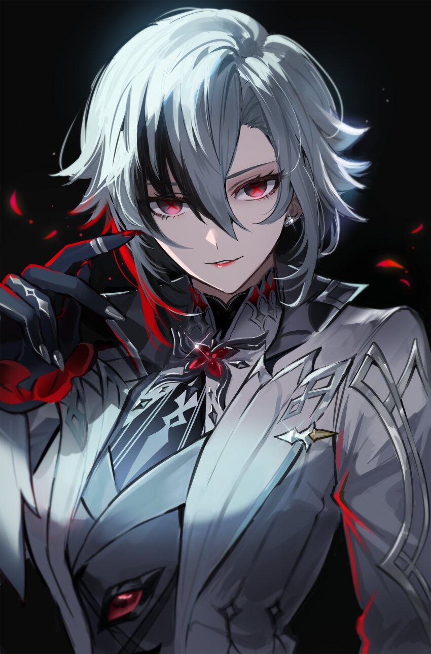 1girl, absurdres, arlecchino_(genshin_impact), black_background, black_eyes, black_hair, black_shirt, collared_jacket