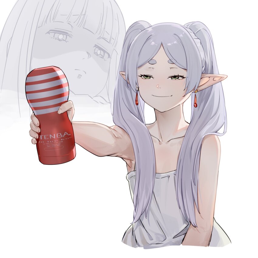 2girls, artificial_vagina, brand_name_imitation, commentary_request, cropped_torso, dildo, earrings, elf, expressionless, fern, fern_(sousou_no_frieren), floating_earrings, frieren, green_eyes, grin, highres, holding, holding_sex_toy, jewelry, lingxia, long_hair, looking_at_viewer, meme, multiple_girls, outstretched_arm, parted_bangs, pointy_ears, projected_inset, sex_toy, simple_background, smile, solo_focus, sousou_no_frieren, tenga, thick_eyebrows, twintails, upper_body, white_background, white_hair, you_can_just_give_this_kind_of_thing_to_men_and_they_will_be_thrilled_(meme)