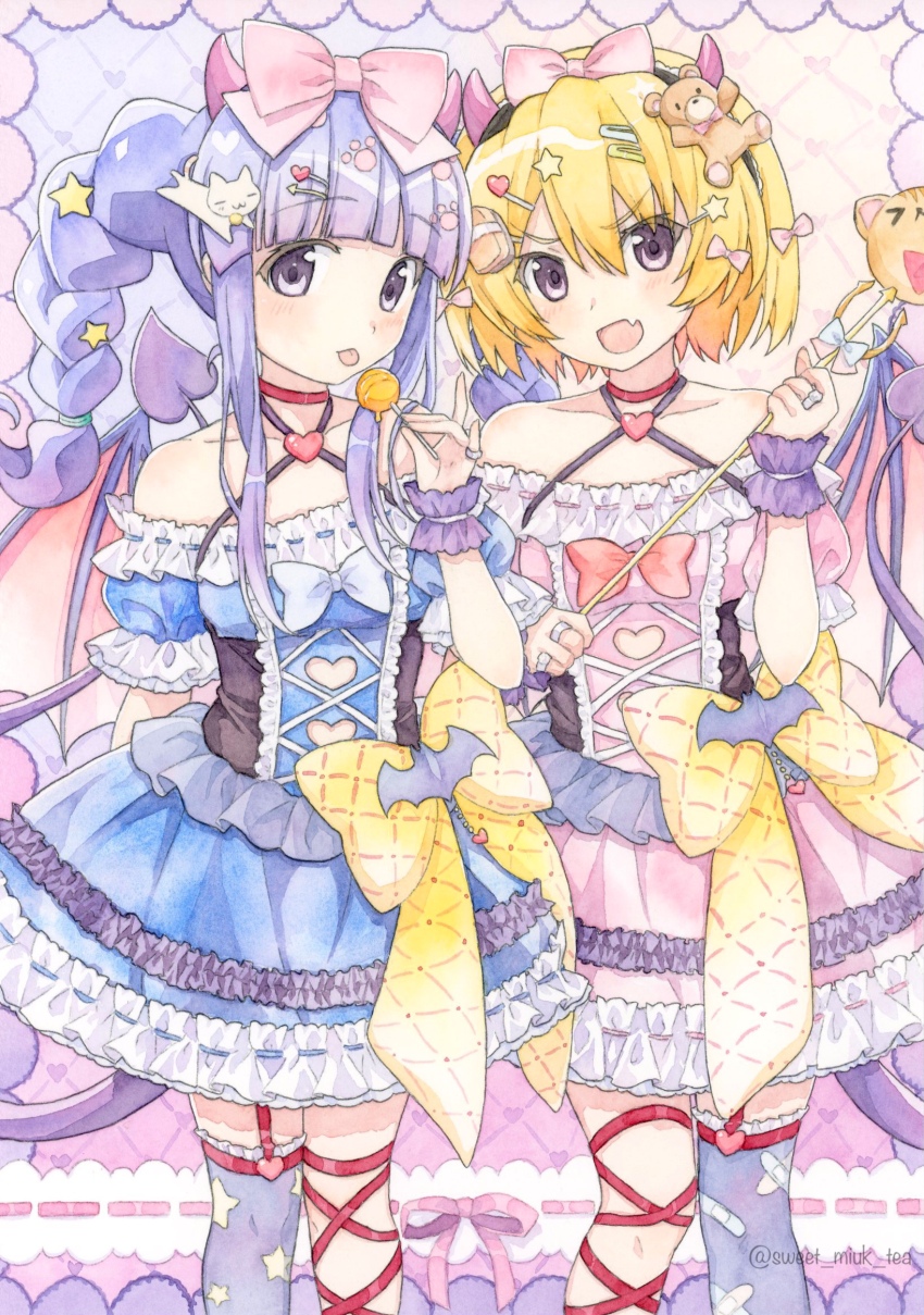 2girls, alternate_hairstyle, bandaid_print, black_hairband, blonde_hair, blue_dress, blunt_bangs, blush