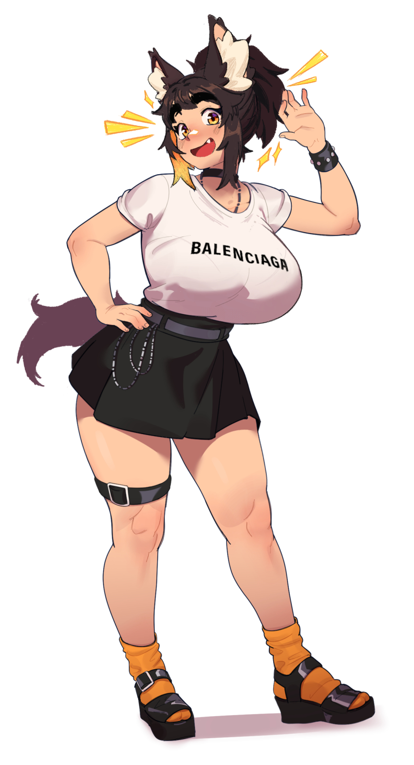 1girl, animal_ear_fluff, animal_ears, arm_up, balenciaga, belt, black_belt, black_choker