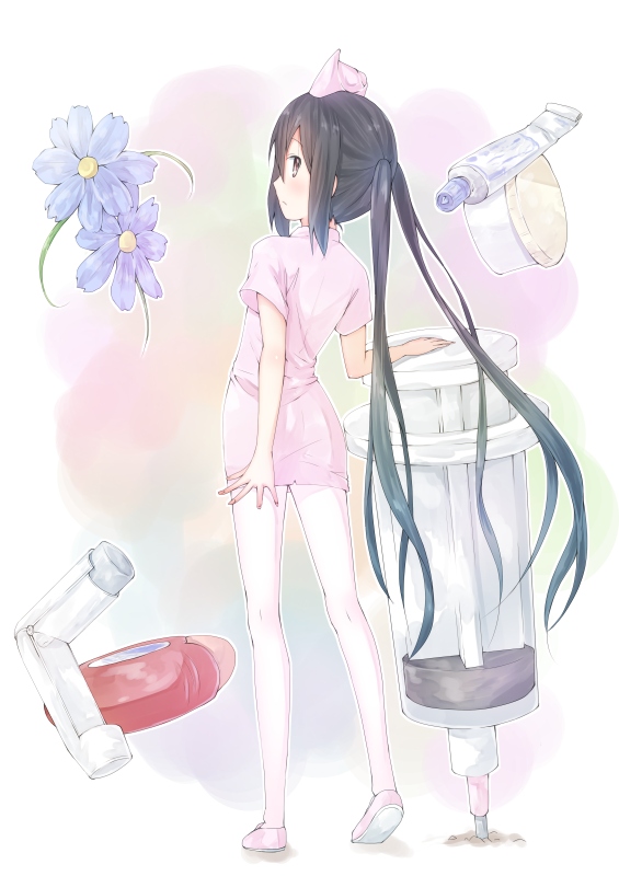 1girl, bad_id, bad_pixiv_id, black_hair, brown_eyes, chm_(macharge), female_focus, flower