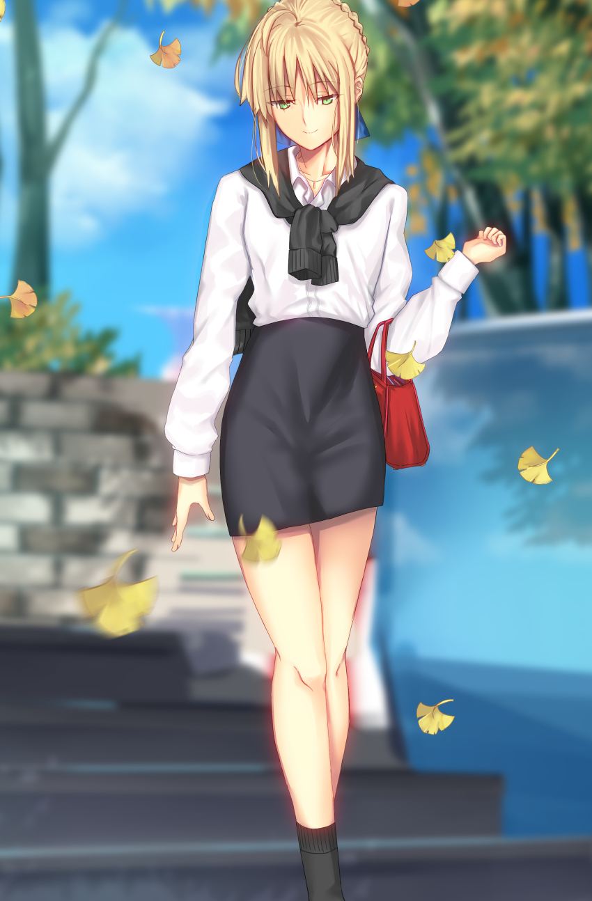 1girl, absurdres, ahoge, alternate_costume, artoria_pendragon_(fate), bag, black_cardigan, black_skirt, blonde_hair, blue_ribbon, braid, braided_bun, cardigan, cardigan_around_neck, closed_mouth, commentary_request, elbow_carry, fate/grand_order, fate/stay_night, fate_(series), green_eyes, hair_bun, hair_ribbon, half-closed_eyes, handbag, highres, iro_(sekaixiro), jewelry, leaf, long_sleeves, looking_at_viewer, necklace, outdoors, red_bag, ribbon, saber_(fate), shirt, short_hair, sidelocks, skirt, smile, solo, white_shirt