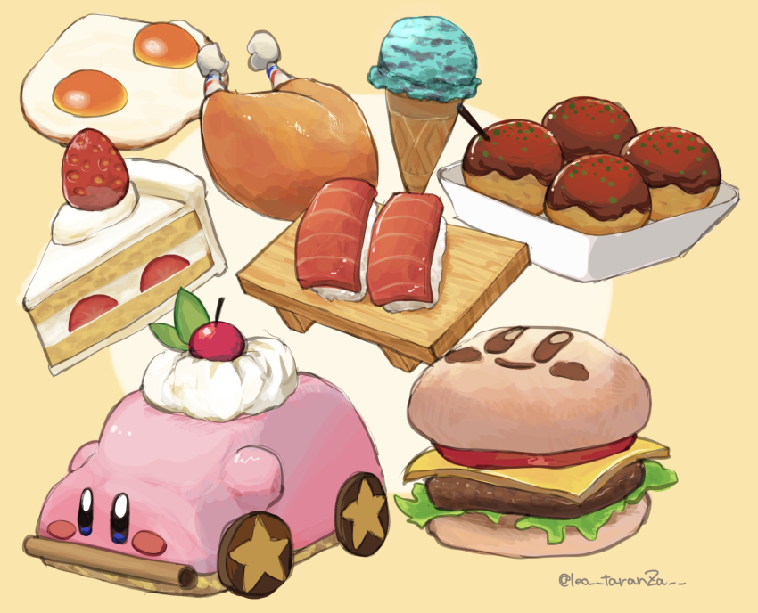 artist_name, burger, cake, cake_slice, car-mouth_cake, car-mouth_kirby, character-themed_food, cheese