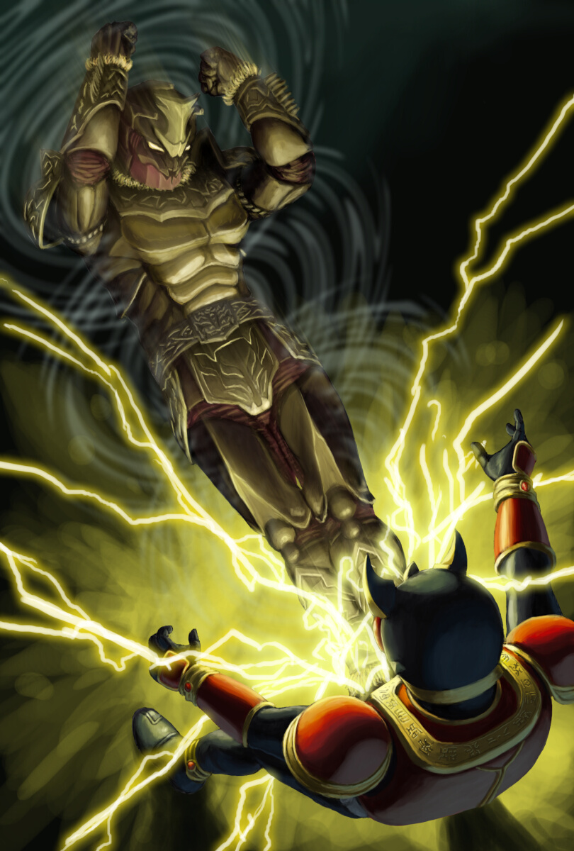 2boys, arthropod_boy, battle, beetle_boy, electricity, go-gadoru-ba, highres, kamen_rider