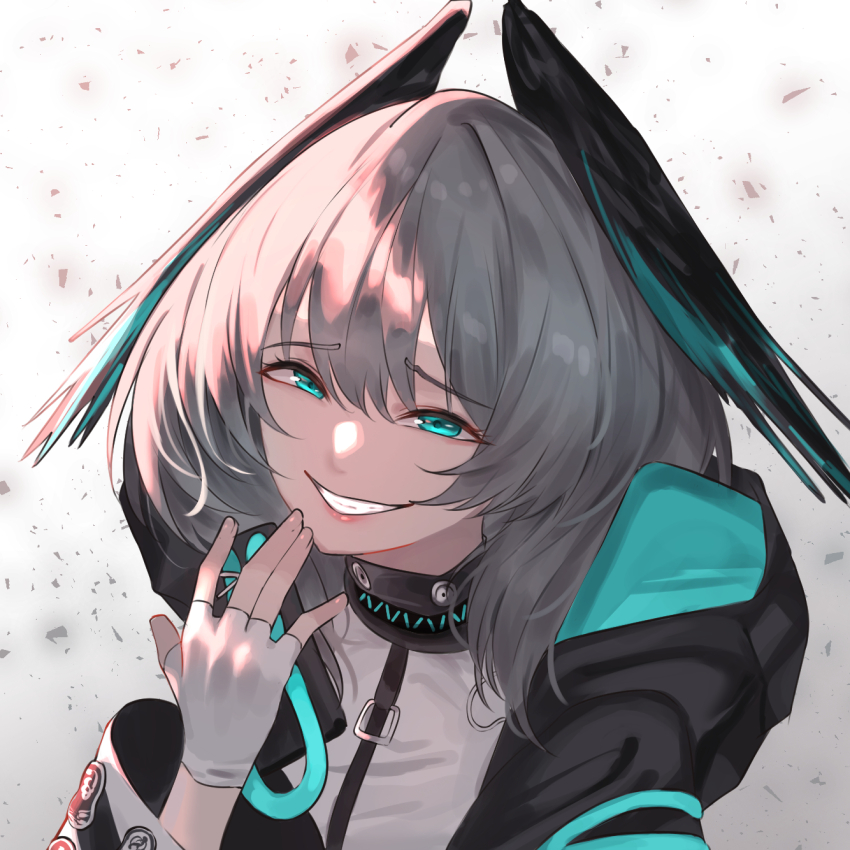 1girl, aqua_eyes, arknights, black_jacket, clenched_teeth, fingerless_gloves, gloves, grey_hair