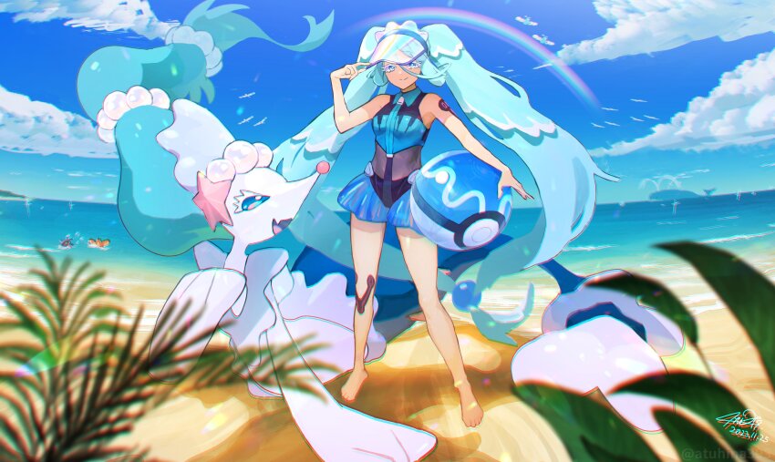 1girl, absurdres, atuhi, beach, blue_eyes, blue_hair, blue_sky, cloud