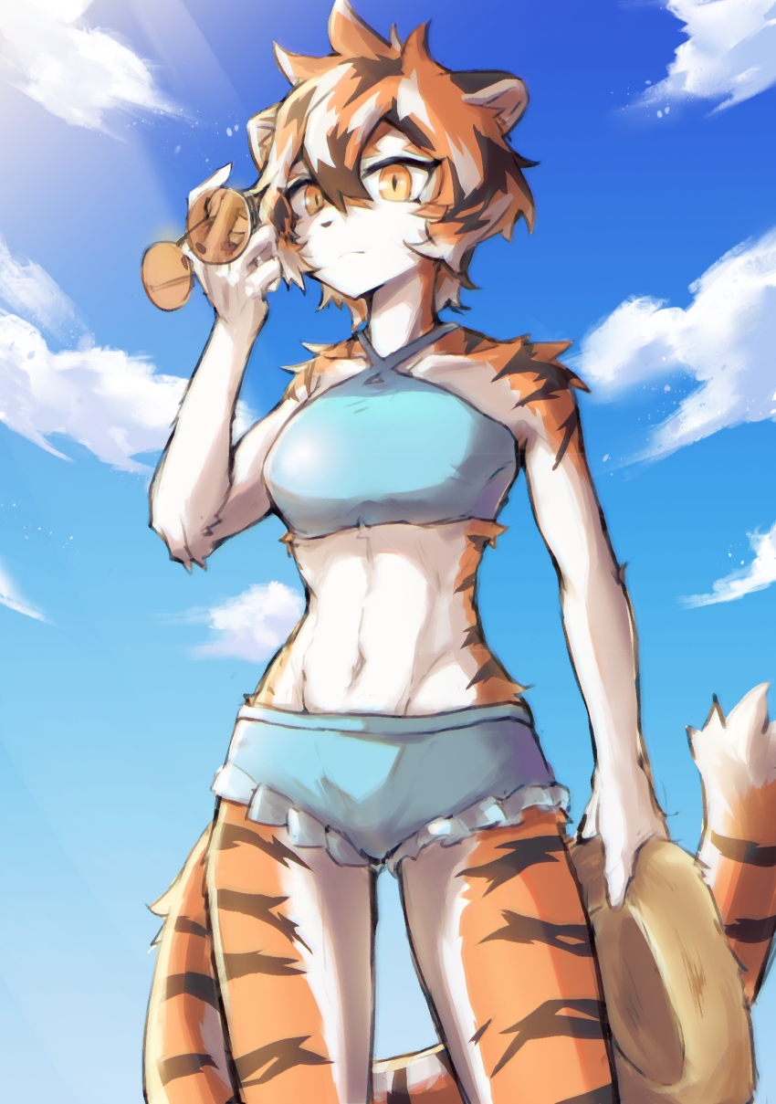 1girl, animal_ears, animal_nose, arknights, bikini, black_fur, black_hair, blue_bikini, blue_sky, body_fur, breasts, brown_hat, cowboy_shot, criss-cross_halter, furry, furry_female, hair_between_eyes, halterneck, hat, highres, holding, holding_removed_eyewear, holding_unworn_clothes, holding_unworn_hat, looking_at_viewer, multicolored_fur, multicolored_hair, orange-tinted_eyewear, orange_eyes, orange_fur, orange_hair, outdoors, short_hair, skorpion_(kenji_wdnmd), sky, small_breasts, snout, solo, straw_hat, striped_fur, swimsuit, tail, tiger_ears, tiger_girl, tiger_tail, tinted_eyewear, unworn_eyewear, unworn_hat, unworn_headwear, waai_fu_(arknights), white_fur, white_hair