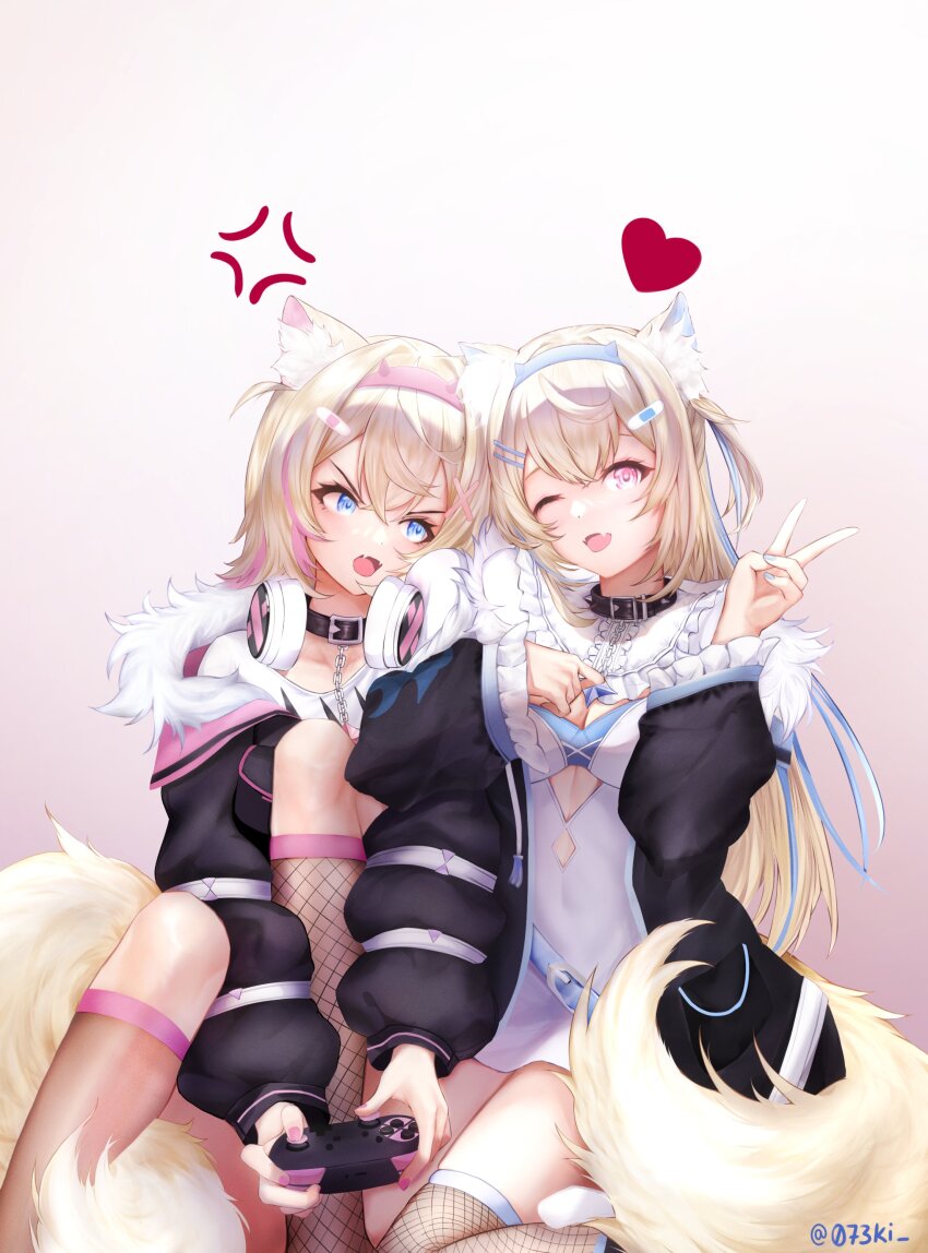 2girls, absurdres, animal_ear_fluff, animal_ears, bandaid, bandaid_hair_ornament, belt, belt_collar