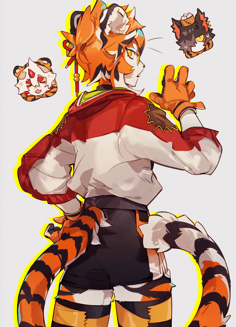 1girl, 2boys, aak_(arknights), animal_ear_fluff, animal_ear_piercing, animal_ears, arknights, black_hair, black_shorts, chibi, chibi_inset, claw_pose, closed_eyes, colored_sclera, eyeshadow, fake_animal_ears, furry, furry_female, furry_male, gloves, grey_background, hand_up, horns, hung_(arknights), jacket, looking_back, makeup, marusan159, multicolored_hair, multiple_boys, orange_fur, orange_gloves, orange_hair, outline, red_eyeshadow, short_hair, shorts, simple_background, single_horn, slit_pupils, striped_fur, sunglasses, sweatdrop, tail, thick_eyebrows, tiger_ears, tiger_girl, tiger_tail, upper_body, waai_fu_(arknights), white_hair, white_jacket, yellow_sclera