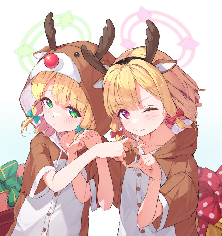 2girls, animal_costume, antlers, blonde_hair, blue_archive, blush, bow, box