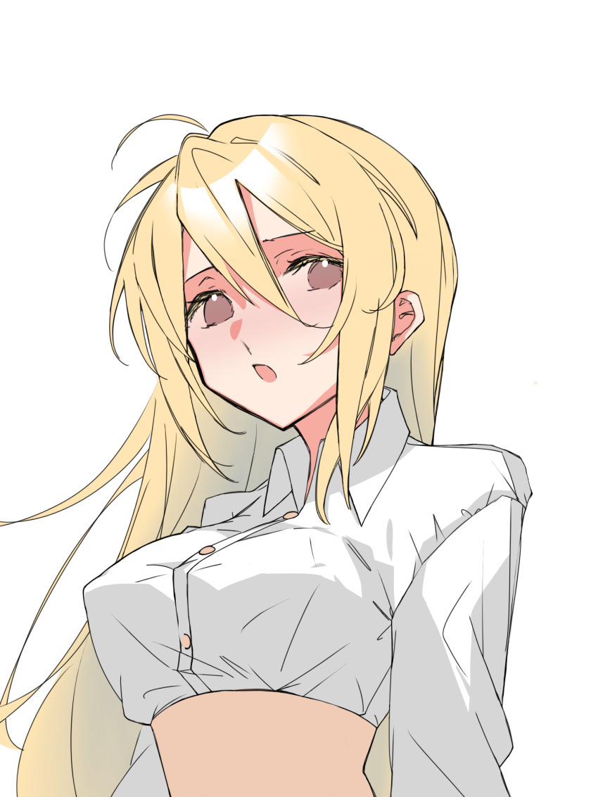1girl, ahoge, bai_chenxiang_(douluo_dalu), blonde_hair, blush, breasts, buttons, collared_shirt, covered_erect_nipples, douluo_dalu, grey_eyes, highres, long_hair, long_sleeves, medium_breasts, open_mouth, shirt, solo, upper_body, white_background