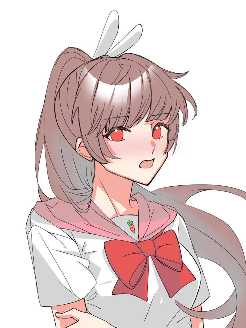 1girl, animal_ears, blush, breasts, brown_hair, carrot_print, crossed_arms, douluo_dalu, dress, food_print, highres, long_hair, medium_breasts, open_mouth, ponytail, rabbit_ears, red_eyes, red_ribbon, ribbon, sailor_dress, short_sleeves, solo, white_background, xiao_wu_(douluo_dalu), ye_xu_zhengzai_yanglao_zhong