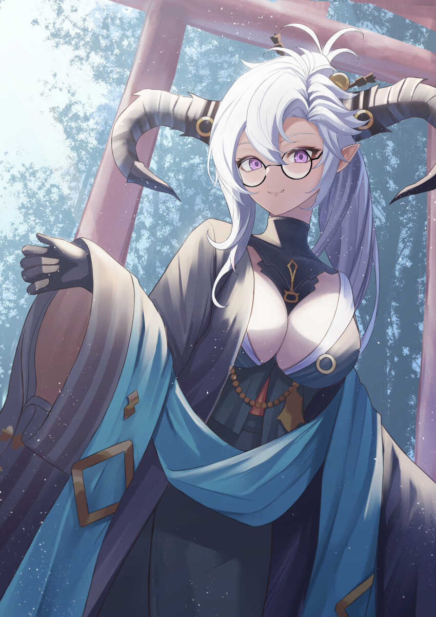 1girl, absurdres, black-framed_eyewear, black_gloves, black_horns, black_kimono, blue_sash, breasts