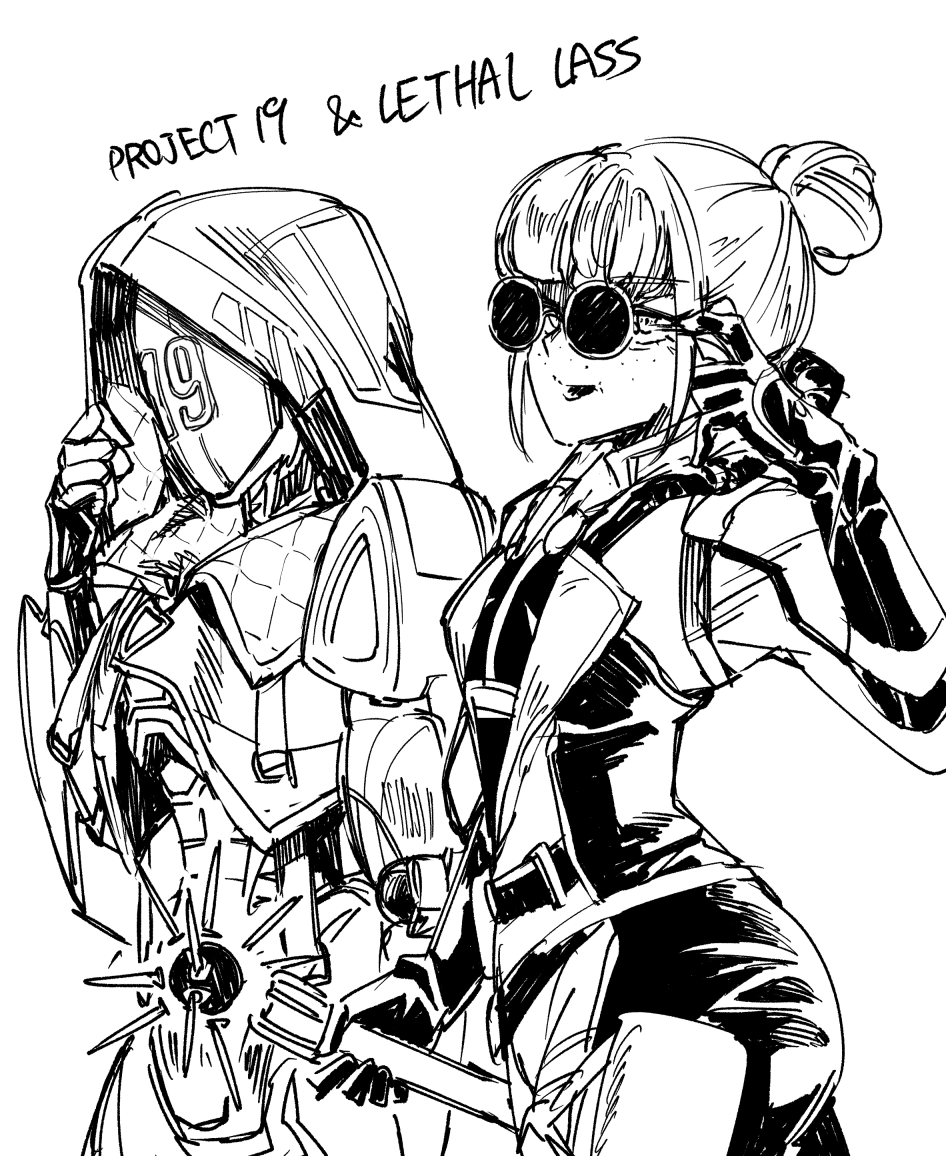 2girls, adjusting_eyewear, animification, apex_legends, ash_(titanfall_2), bodysuit, cropped_jacket, gloves, gravity_maw, hair_bun, hand_on_eyewear, holding_mace, holding_weapon, hood, hood_up, hooded_jacket, horizon_(apex_legends), humanoid_robot, jacket, lethal_lass_horizon, looking_at_viewer, mace, mononobex, multiple_girls, official_alternate_costume, project_19_ash, robot, round_eyewear, simple_background, single_hair_bun, sketch, spiked_mace, spikes, sunglasses, weapon, white_background