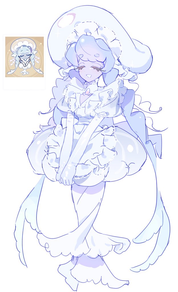 1girl, :d, apron, blue_hair, brooch, bubble_skirt, closed_eyes, cookie_run, cookie_run:_kingdom, dress, frilled_jellyfish_cookie, full_body, gloved_sleeves, gloves, hat, humanization, jellyfish_girl, jewelry, juliet_sleeves, layered_dress, long_hair, long_sleeves, low_twintails, maid_headdress, ohta_guk_hip, open_mouth, own_hands_together, puffy_sleeves, reference_inset, short_eyebrows, simple_background, skirt, smile, solo, twintails, v_arms, very_long_hair, waist_apron, white_apron, white_background, white_dress, white_gloves, white_hat