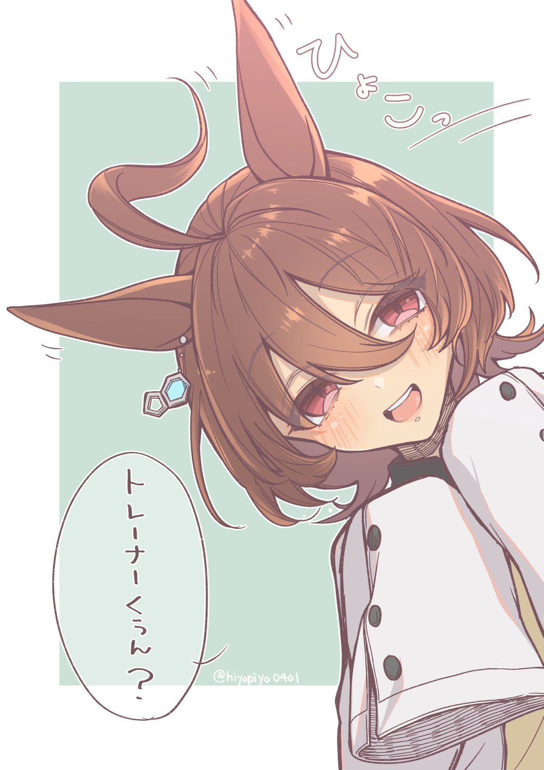 1girl, agnes_tachyon_(tach-nology)_(umamusume), agnes_tachyon_(umamusume), ahoge, animal_ears, blush, brown_hair, earrings
