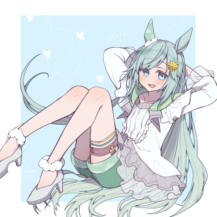 1girl, absurdly_long_hair, alternate_hair_length_(longer), alternate_hairstyle, animal_ears, aqua_eyes, aqua_hair, arms_behind_head, arms_up, blush, green_shorts, hair_ornament, hairclip, high_heels, highres, hiyoko_piyopiyo, horse_ears, long_hair, long_sleeves, looking_at_viewer, open_mouth, seiun_sky_(reeling_in_the_big_one)_(umamusume), seiun_sky_(umamusume), shirt, short_shorts, shorts, smile, solo, thigh_strap, umamusume, very_long_hair, white_footwear, white_shirt