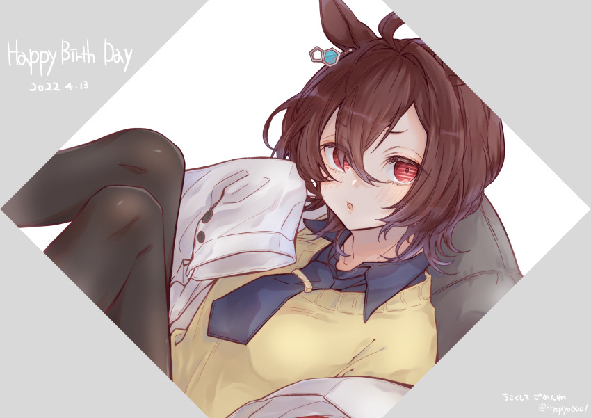 1girl, absurdres, agnes_tachyon_(tach-nology)_(umamusume), agnes_tachyon_(umamusume), ahoge, animal_ears, blue_necktie, blue_shirt