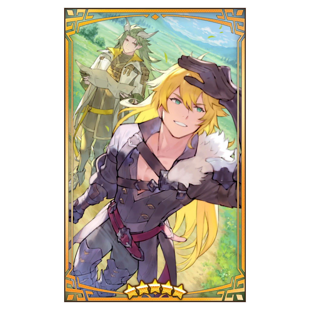 2boys, alberius_(dragalia_lost), blonde_hair, chest_strap, clenched_hand, dirt_road, dragalia_lost, dragon_boy
