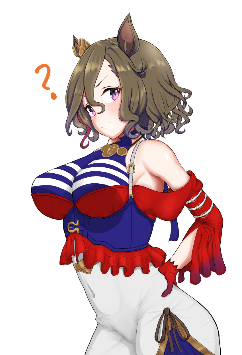 1girl, ?, absurdres, animal_ears, bare_shoulders, blue_shirt, breasts, brown_hair, closed_mouth, commentary_request, cowboy_shot, dress, ear_ornament, gloves, highres, horse_ears, horse_girl, large_breasts, light_blush, looking_at_viewer, off-shoulder_shirt, off_shoulder, purple_eyes, red_gloves, red_shirt, shirt, simple_background, smile, solo, striped, tap_dance_city_(glitter!)_(umamusume), tap_dance_city_(umamusume), umamusume, user_jhjm8428, white_background, white_dress