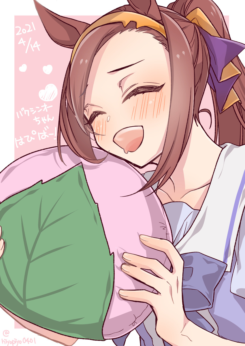 1girl, absurdres, animal_ears, blush, bow, bowtie, brown_hair, closed_eyes